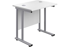 Office Hippo Heavy Duty Rectangular Cantilever Office Desk, Home Office Desk, Office Table, Integrated Cable Ports, PC Desk For Office or Home, 5 Yr Wty - Silver Frame/White Top, 80cm x 60cm