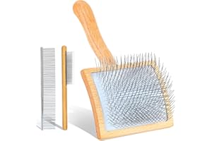 COZYGIFT Dog Slicker Brush for Medium or Long Haired Dogs, Long Pin Slicker Brush for Removes Loose Hair, Tangles and Knots, Best Grooming Tools for Small Animals, Large, Free Pet Comb, Wood