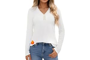 Crewhpo Camiseta Térmica Mujer Manga Larga Algodón Camiseta Interior con Encaje Cuello en V Camisetas Termicas Básica Top Ropa Termica Invierno