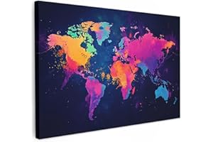 MuchoWow© Wall Pictures Large 120 x 80 cm XXL Bedroom Home Decoration Home Picture Living Room Photo Canvas Wall Pictures Canvas Wall Decor World Map - Colourful - Graffiti