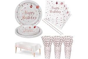 Nkaiso Cumpleaños Vajilla de Fiesta 121 Piezas Rosa Dorados Juego de Vajilla de papel de Platos Vasos y Servilletas Artículos de Decoración para fiestas -24 Invitados