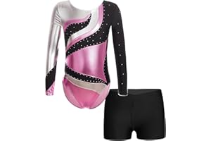 JanJean Kinder Mädchen Gymnastikanzug Glänzend Ballettanzug Langarm Turnanzug Ballett Trikot mit Kurze Hose Wettbewerb Tanzkostüm