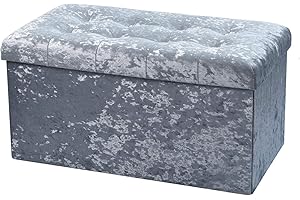 simpahome Large Fold Flat Ottoman Storage - Silver Velvet Velour Finish - Extra Thick Comfortable Cushion - 76cm (L) x 38cm (W) x 38cm (H)