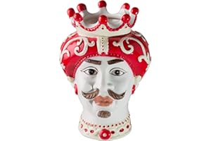 MONTEMAGGI Testa di Moro in Ceramica in Stile Siciliano Dipinto a Mano, Vaso per piante da Interno, Soprammobile di design, Stile Italiano, Re Volto Rosso Grande, 18x22x26,5 cm