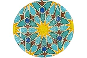 Kaladia Assiette à râper en céramique, pour le gingembre, le parmesan, etc., turquoise avec étoiles jaunes, diamètre : 12 cm, fabriquée à la main et peinte à la main, fabriquée en Espagne