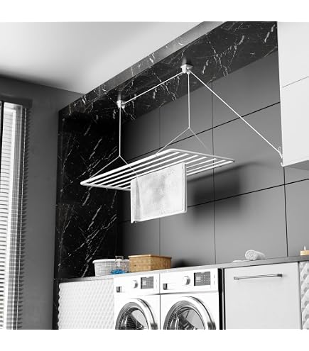 Étendoir De Plafond Extensible En Aluminium | 100 à 160 Cm, Supporte 12 Kg, Avec 40 Pinces Monobloc | Pour Terrasse, Cave, Buanderie