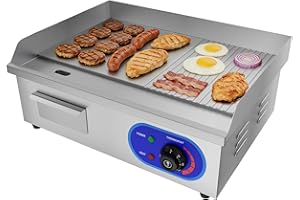 TAIMIKO Plancha électrique professionnelle en acier inoxydable Plaque de gril en fer (54 x 30 cm Lisse & Rainures)