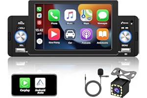 CAMECHO CMECHO Single Din Car Stereo with Apple Carplay Android Auto 5 Inch Touch Screen Car Radio with Bluetooth 4.0 FM Radio Mirror Link USB Input Fast Charging + Reverse Camera + Remote Control +Microphone