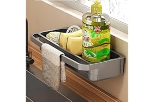 HASA zone Porta Spugne Lavello Cucina con Vaschetta di Scarico, ABS Organizer Lavello Cucina da Appendere con Supporto per Asciugamani, Montaggio a Parete/Appeso per Accessori da Cucina (Grigio)