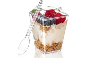 Fhintory Vasitos Plastico para Postres 160ml, 30Pcs Vasitos aperitivos plastico, Mini vasos para postres, Vasos plastico reutilizable con tapas y cucharas, Vasos con tapa para Pudín&Mousse