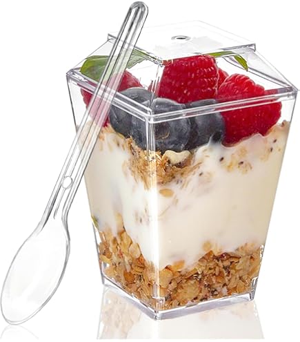 Lot De 25 Coupes à Dessert + Cuillères - 200ml, Transparentes, Réutilisables (pour Glaces, Desserts...)