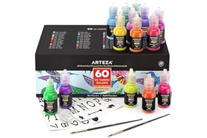 ARTEZA tempere per tessuti 3D, set di 60 colori, vernice permanente in flaconi a punta fine da 30 ml, forniture d'arte per decorare magliette, ceramica, tessuti e vetro.