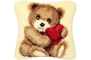 ROCKY&CHAO The Love Bear​ Latch Hook Cushion Kit 43x43cm, Complete DIY Cushion Making Craft Kits with Yarn & Canvas and Crochet Needle, Latch Hook Pillow Cover Adult Kids Craft Kits Home Decor for Women