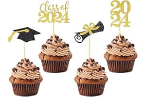 AXLTHK 2024 Graduation Cupcake Toppers - 12 Pcs Gold Black Glitter Class of 2024 Cake Toppers, Grad Cap & Diploma 2024 Graduation Party Cake Decoration Supplies