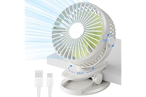 Gofady Clip Fan, USB Rechargeable, 360° Rotation 3 Speeds Desk Fan, Portable Stroller Table Fan, Quiet Battery Cooling Fan for Camping, Bed, Traveling, Pram, Office, Car (White)