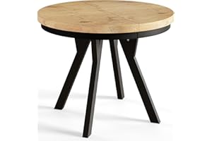 AlpiMeble Runder Esszimmertisch EVO, ausziehbarer Tisch Durchmesser: 90 cm bis 190 cm, Wohnzimmertisch Farbe: Lancelot, mit Holzbeinen in Farbe Schwarz