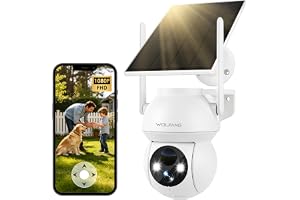 WOLFANG 1080P solcell utomhuskamera, 360° PTZ WiFi CCTV-kamera | Trådlös kamera, rörelsedetektion, mörkerseende i färg, tvåvägsljud, IP65, 2,4 GHz WiFi, APP-larm, SDL och moln