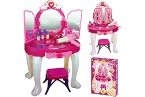 REXCO Deluxe Girls Pink Musical Dressing Table Vanity Light Mirror Play Set Toy Glamour Make Up Desk With Stool