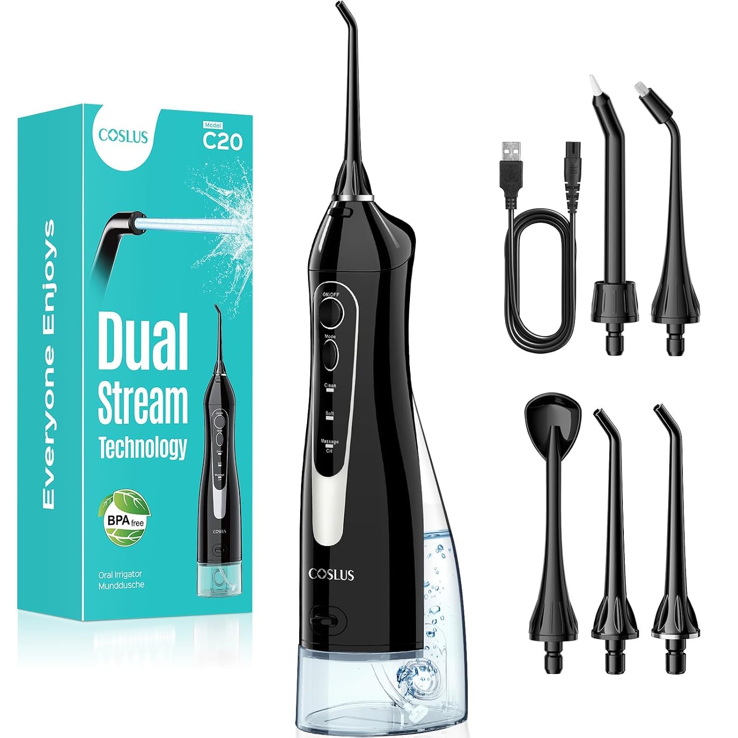 COSLUS C20 monddouche, 300 ml grote tank | Veilig voor orthodontische apparaten en gevoelig tandvlees, draadloos voor reizen en gezinsgebruik, zwart