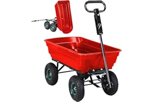Miweba Chariot de Transport Dumper | Capacité 300 kg - Bac en PP - Basculement - Chariot à Main - Attelage - Essieu Directeur - Pneus gonflables - Brouette - Chariot de Jardin (Rouge)