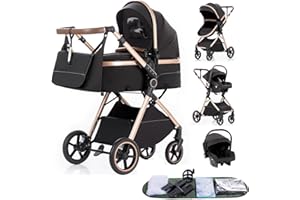Gcarebb 3 in 1 Pram Travel System Travel Pram with Height Adjustable Handle Pushchair with Rain Cover Baby Pram with Aluminium Frame for Newborns