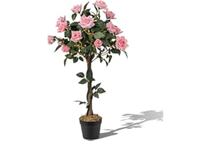 RELAX4LIFE Planta Artificial Decorativa con 21 Rosas, 259 Hojas y Tronco de Madera Real, Planta Artificial Grande en Maceta con Flores Rosas para Hogar, Oficina y Tienda, 16x16x93 cm