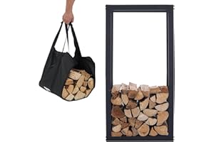 Lendo Online Kaminholzregal + Tragetasche - Innen & Außen - Feuerholzregal - Kaminholzständer - Brennholzregal - Schwarz - Metall (50x25x100cm)