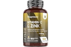 ‎WEIGHTWORLD Vitamin C Zink Tabletten - 1000mg - 6 Monate Vorrat - 180 vegane Stück mit Ascorbinsäure & Zinkbisglycinat - Alternative zu Vitamin C Kapseln & Pulver - Täglich 1 Tablette - Vit C von WeightWorld