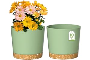 ZMTECH 25cm Plant Pots, Modern Planters with Drainage Holes and Detachable Saucer, Plastic Flower Pots for Plants for House Garden Windowsill (Set of 2, Green)