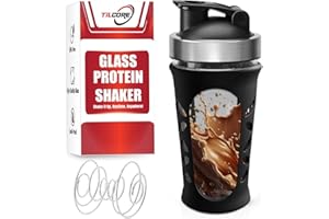Tilcore Botella Shaker Proteinas de Vidrio- 635ml 20oz, Vaso Mezclador Proteinas sin BPA, Protein Shaker a Prueba de Fugas, Botella Mezcladora Proteina