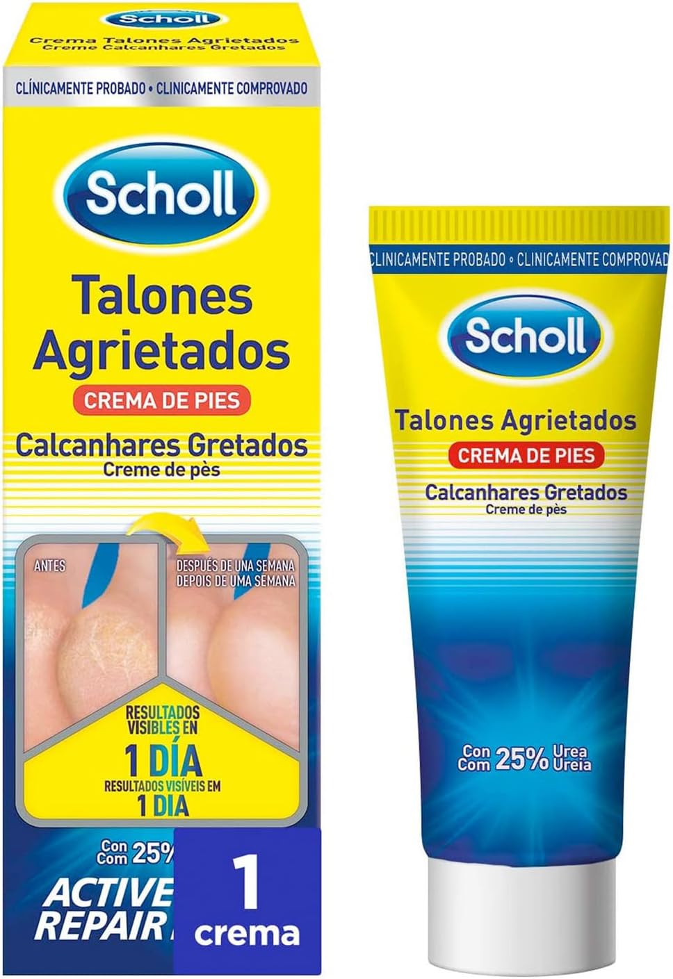 Scholl Crema Reparadora Talones Agrietados, 60 ml - Hidratación Intensiva con Urea 25%, Active Repair K+ y Queratina, Repara Pies Secos, Agrietados y Dañados, Resultados desde el Día 1