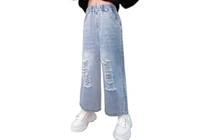 Happy Cherry - Jeans Lunghi per Bambina Pantaloni Straight Elastico in Vita per Ragazza Jeans in Denim Comodi Ragazze per L'Estate Primavera Autunno - 4-15 Anni