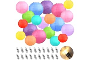 Encham 20 Stück Bunte Papierlaternen Lampions Papier Laterne mit 20 Stück Ballonlichter Warmweiß Lampenschirm für Ramadan deko Hochzeit Party Deko Innen und Außen