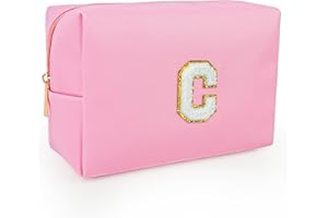 HIYOUER Personalized Makeup Bag Pu Leather Waterproof Cosmetic Bag Bride Bridesmaid Pink Make up Bag Birthday Gifts for Girl Women Mom Friend (Pink Letter C)