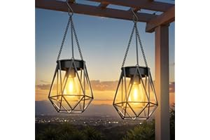 RECHOO Solar Lights - 2 Pack Hanging Garden Lanterns, Metal Warm White Waterproof Outdoor Lanterns for Decoration, Pathway, Patio