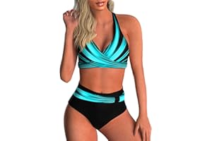 DURINM Maillot de Bain 2 Pièces Bikini Femme Chic Vintage Taille Haute Femmes Deux pièces Tankini Maillots de Bain Taille Haute Licou Vintage Bikini Ensemble Dames Maillots de Bain