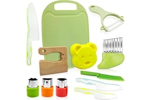 Obidodi Mini Chef Knife Set for Kids, 12 Pieces Kids Knife Set for Chopping, Children Kitchen Knife Set Include Wood Toddler Safe Knives/Cutting Board/Crinkle Cutter/Y-Peeler/Bear Sandwich Cutter