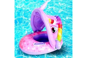 ZANWISE Flotadores Inflables para Bebés con Toldo y Asiento Seguro - Diseño Divertido de Unicornio y Dinosaurio, Bote Inflable para Niños con Sombra y Volante - Ideal Piscinas y Playa