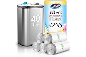 Teivio 40 Liter Bin Liners with Tie Tap, 48 Counts Strong Swing Bin Bags with Drawstring Handle, 10-13 Gallon Waste Bin Bags for Home Office Kitchen Bathroom Bedroom, White Rubbish Bags
