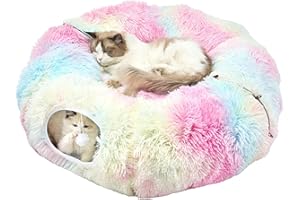 JIUPETY Letto a tunnel per gatti in peluche, arcobaleno, L