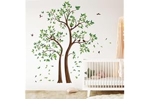 decalmile Adesivi Murali Albero Grande Adesivi da Parete Verdi Foglie Uccelli Decorazione Murale Camerette Bambini Camera da Letto Soggiorno