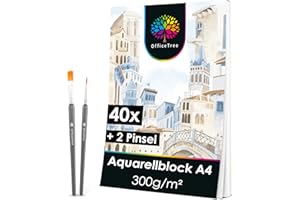 OfficeTree Aquarellpapier A4 – 300 g/m², 40 Blatt, inkl. 2 Pinsel, weiß – ideal für Aquarellmalerei, Skizzen & Handlettering
