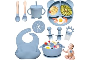 Dazhtu 10 Pezzi Set Pappa Svezzamento, Svezzamento Set Silicone Piatto con Ventosa Ciotola Cucchiaio Forchetta Tazza Bavaglino, Training Esercitarsi A Mangiare Da Soli, Set Pappa Svezzamento(Blu)