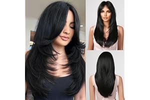 Allbell Lange Schwarze Layered Perücken für Frauen Lange Gerade Perücke mit Bangs Synthetisches Naturhaar