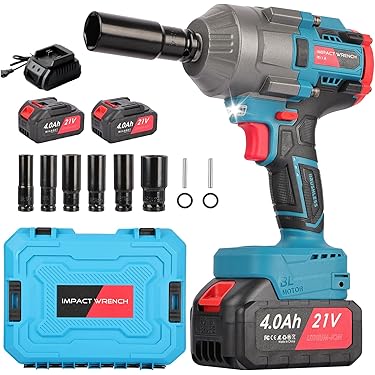 Mowis Professionele draadloze slagmoersleutel 700 N.m met hoog koppel, borstelloze motor 4800 tpm, accu 21 V 4,0 Ah, voor het vervangen van banden, met 4 slagdoppen Mowis Professionele draadloze slagmoersleutel 700 N.m met hoog koppel, borstelloze motor 4800 tpm, accu 21 V 4,0 Ah, voor het vervangen van banden, met 4 slagdoppen