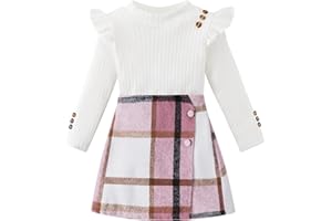Naiyafly Toddler Girl Outfits Baby Ruffle Ribbed Long Sleeve Ruffle T-Shirt Top Plaid Skirt Fashion Set 3Pcs Kids Girl Fall Winter Clothes 2t 3t 4t 5t 6t