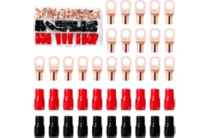 YIXISI 40 Pezzi M10 SC25-10 AWG4 Ring Terminali Connettori Kit, Capicorda Cavo Batteria, Capicorda Elettrici ad Anello di Rame, con Manicotti Isolanti, per Cavo Elettrico, Dorato