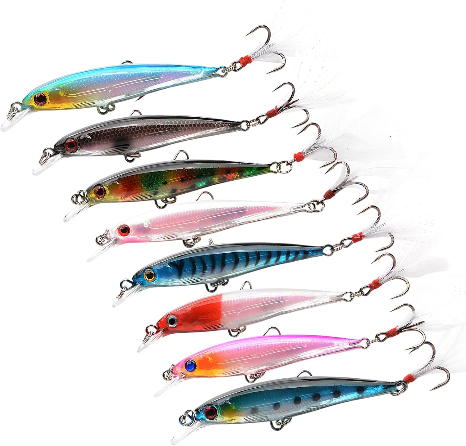 Kit de Señuelos de Pesca con Caja – 8 Piezas Señuelos Spinning Artificiales 3D Realistas para Trucha, Lubina, Perca y Black Bass – Accesorios para Pesca en Agua Dulce y Salada