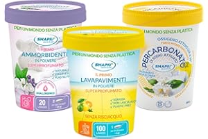 AMAMI BEAUTY Smapiù - set pulizia eco - Ammorbidente in Polvere superprofumato 400gr + Lavapavimenti in Polvere agrumi 400gr + Percarbonato di Sodio Attivato Profumato 500gr. Confezioni in Cartone, plastic free.