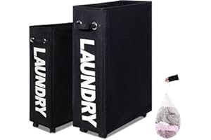 Caroeas Panier à Linge 70L avec Roulettes, Pliable et Étroit, Grande Capacité, Bac de Rangement sur Roues pour Petit Espace，Noir